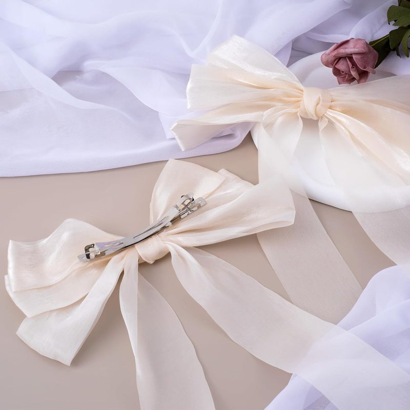 STSTR 2Pcs Large Hair Bow Clips, Beige Silk Yarn Ribbon Bow Hair Barrette for Women, Elegant Long Tail Bowknot French Accessories for Wedding, Parties, Festivals - Style 2 - Image 3